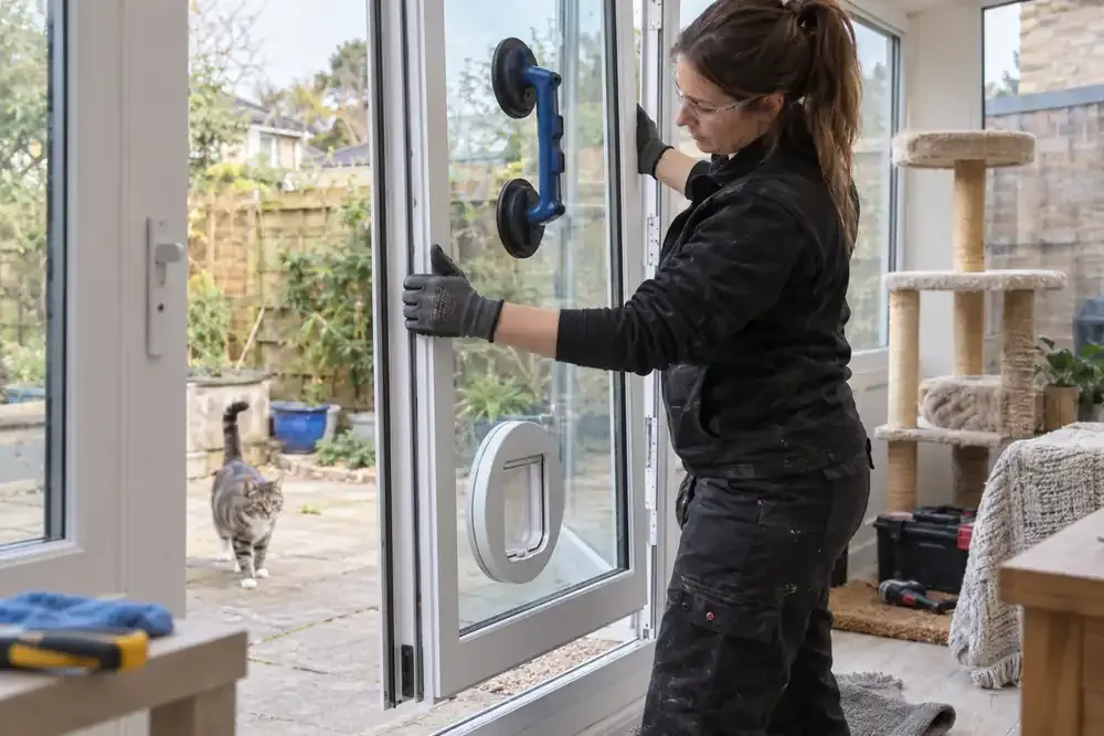 Fitter positioning a replacement glazed panel containing a cat flap