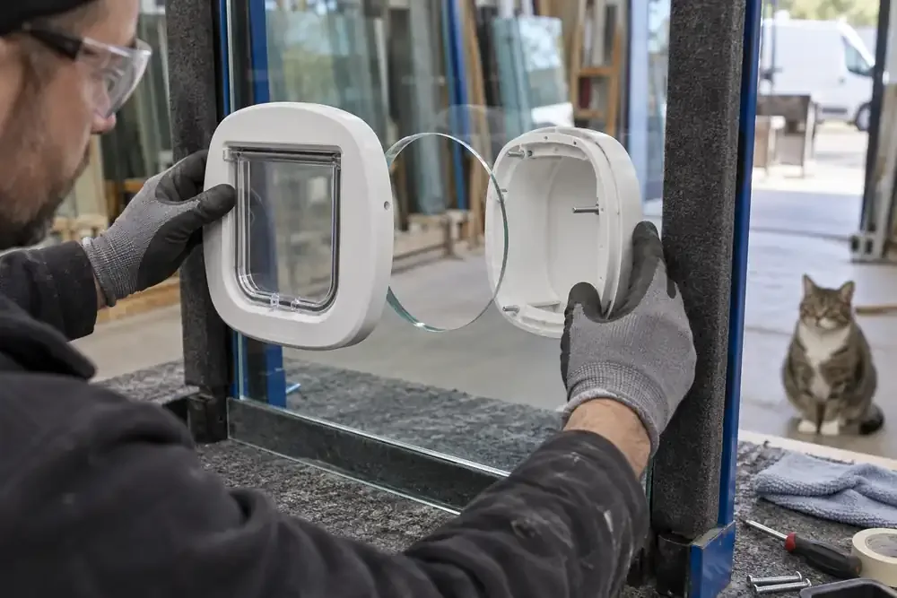 Installer positioning a cat flap adaptor in a prepared glass opening