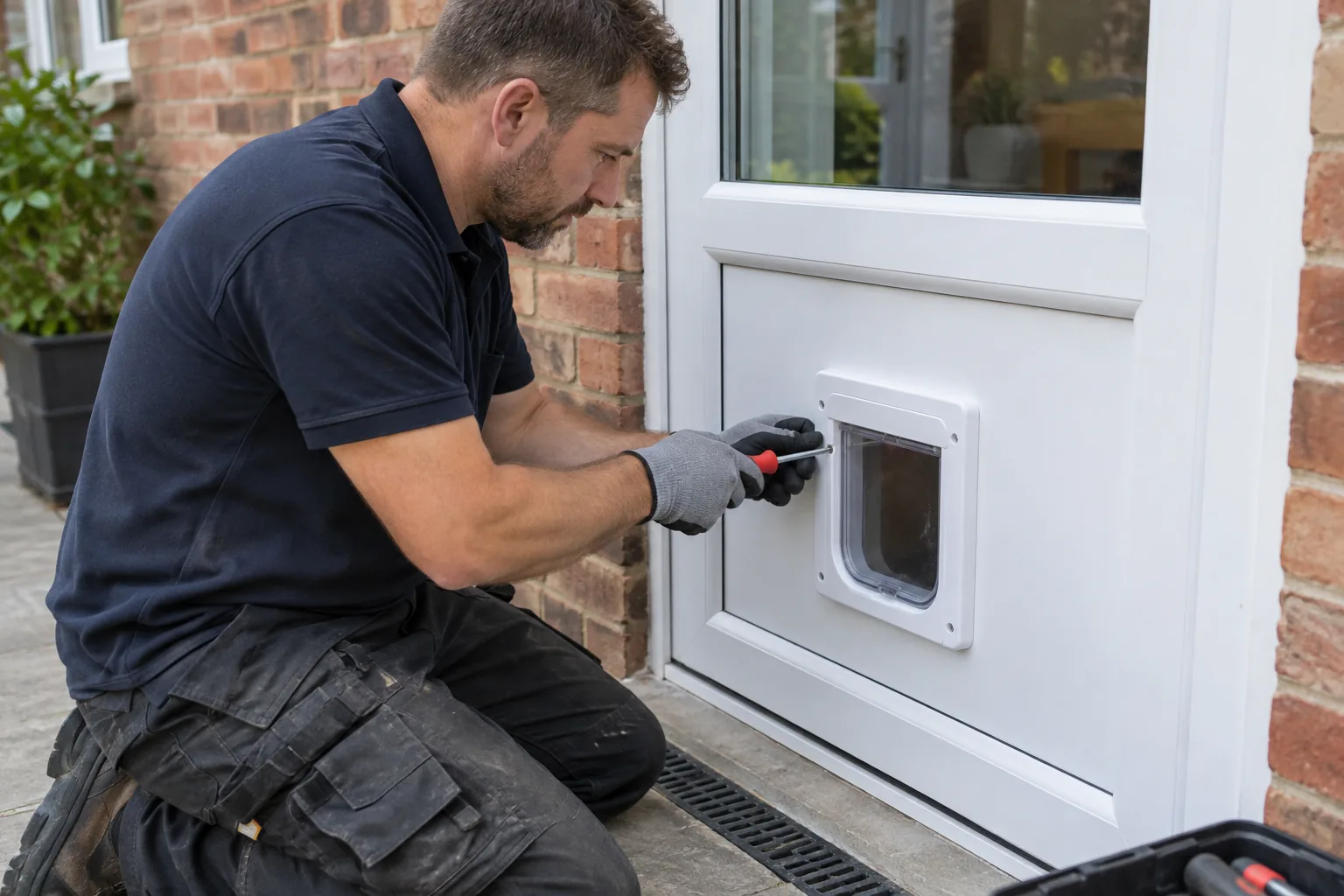 Professional fitter kneeling to secure a clean white cat flap in the lower solid uPVC panel of a British back door, safe manual screwdriver in gloved hand, prepared cutout already made, tidy finished edges and believable work area.