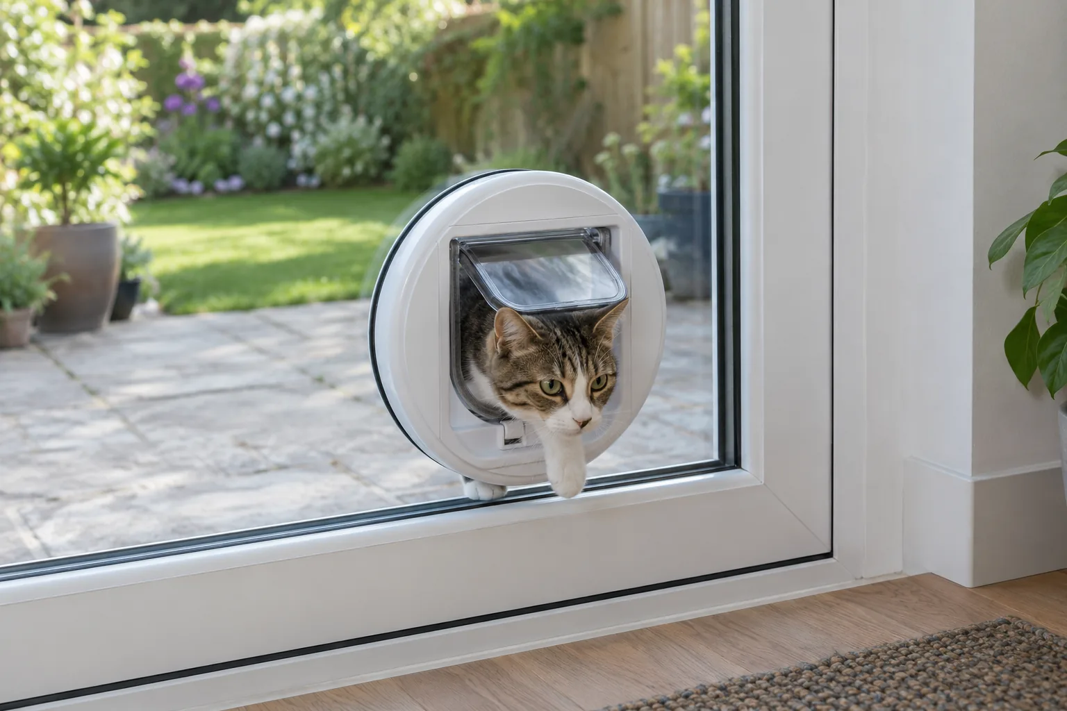 A white cat flap neatly installed through a factory-prepared circular aperture in a modern double glazed patio door, close detail of glass and circular mounting adaptor, green British garden beyond. Accurate professionally finished double glazed glass installation, no drill and no cutting glass.